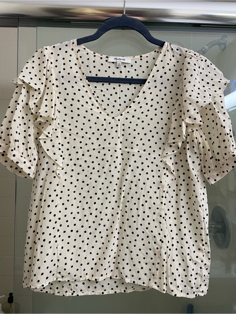 Madewell Cream Blouse with Black Polka Dots and Ruffle Sleeves